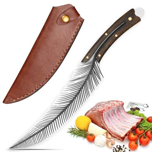 Qulajoy Viking Knife - 13.8 Inch Full Tang Boning Knife With 8.5 Inch Feather Blade & Leather Sheath - Sharp Hand-Forged 7Cr17MOV Real Carbon Ste