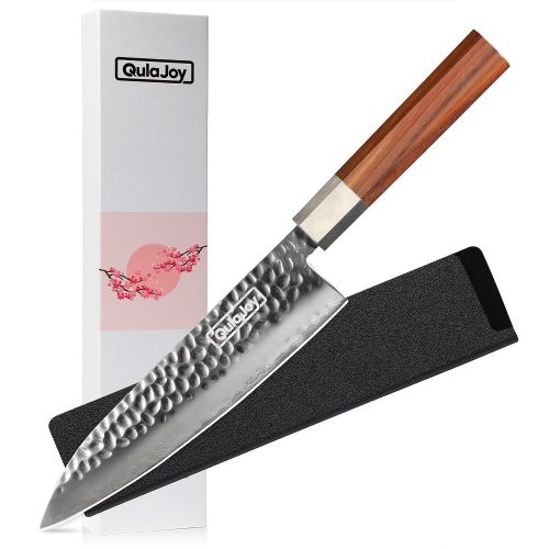 Qulajoy Nakiri Knife 7 Inch - Hammered Japanese Vegetable Knife 9cr18mov Mirror Polishing Hand Forged Blade Kitchen Knife - Olivewood Handle With